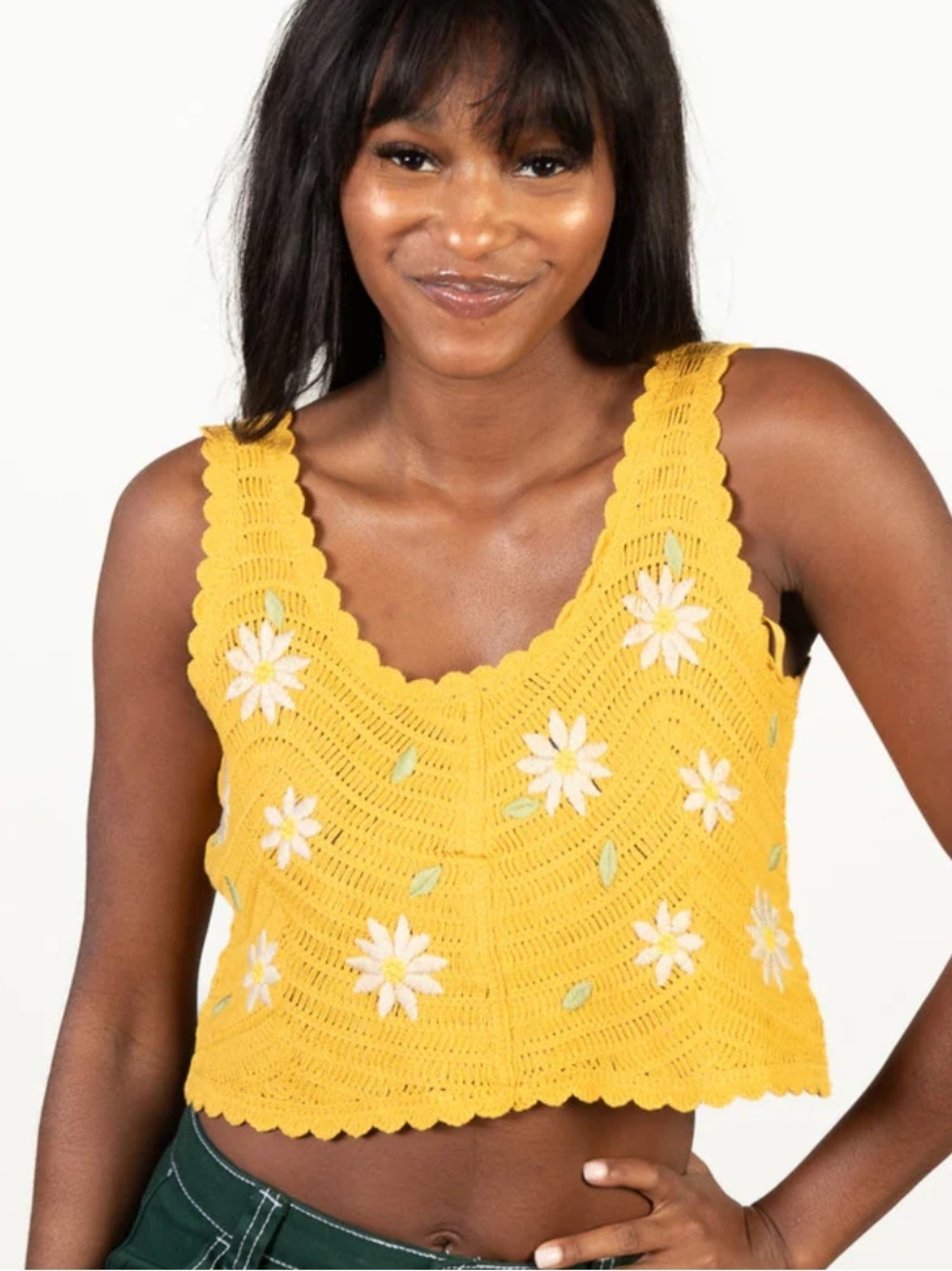 Crochet Embroidered Daisy Crop Tank Top Yellow Festival - Picture 1 of 13